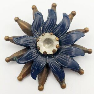 Antique Bronze & Painted Blue Metal Sunflower Brooch Pin w/ Centre Pronged Stone